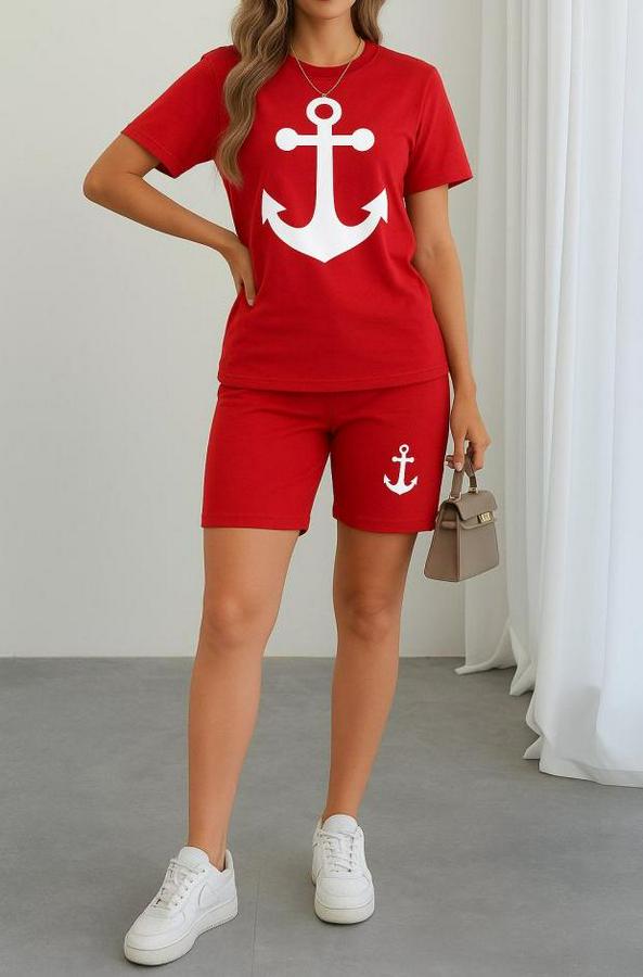 Kısa Kollu Çapa Baskılı Viskon Ikili Takım