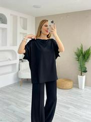 Kısa Kollu Kayık Yakalı Dikiş Izi Detaylı Viskon Iki Iplik Bluz Ve Pantolon Ikili Takım