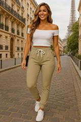 Kısa Kollu Madonna Yaka Viskon Crop Bluz Cepli Iki Iplik Eşofman Takım