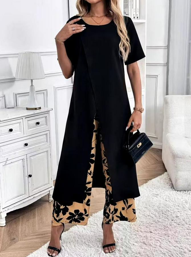 Kısa Kollu Önden Çapraz Detaylı Viskon Uzun Bluz Ve Desenli Iki Iplik Pantolon Ikili Takım