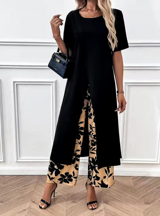 Kısa Kollu Önden Çapraz Detaylı Viskon Uzun Bluz Ve Desenli Iki Iplik Pantolon Ikili Takım