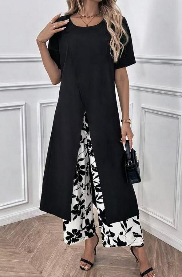 Kısa Kollu Önden Çapraz Detaylı Viskon Uzun Bluz Ve Desenli Iki Iplik Pantolon Ikili Takım