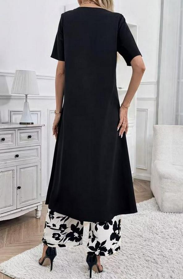 Kısa Kollu Önden Çapraz Detaylı Viskon Uzun Bluz Ve Desenli Iki Iplik Pantolon Ikili Takım