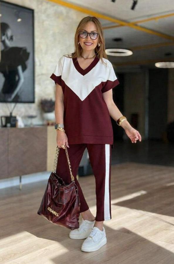 Kısa Kollu V Yakalı Çift Renkli Viskon Iki Iplik Ikili Bluz Ve Pantolon Takım