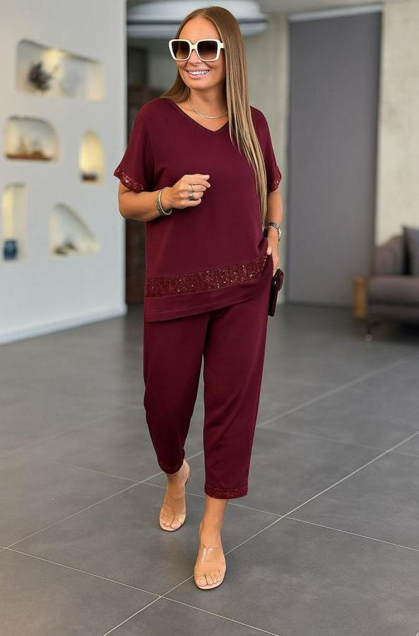 Kısa Kollu V Yakalı Pul Payetli Viskon Iki Iplik Bluz Ve Pantolon Ikili Takım