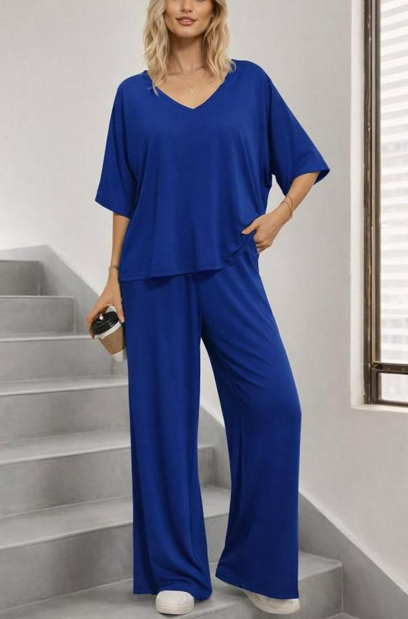 Kısa Kollu V Yakalı Viskon Bluz Ve Pantolon Ikili Takım