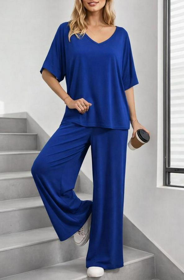 Kısa Kollu V Yakalı Viskon Bluz Ve Pantolon Ikili Takım