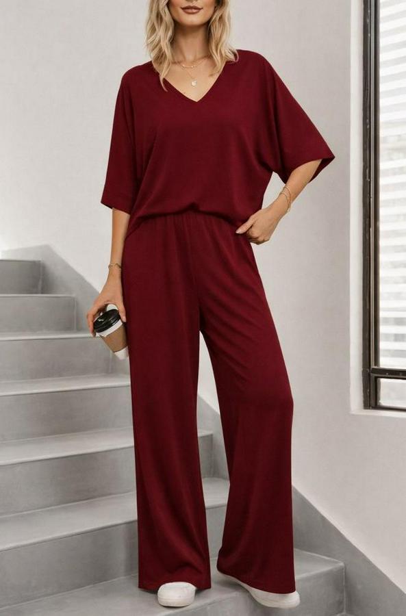 Kısa Kollu V Yakalı Viskon Bluz Ve Pantolon Ikili Takım