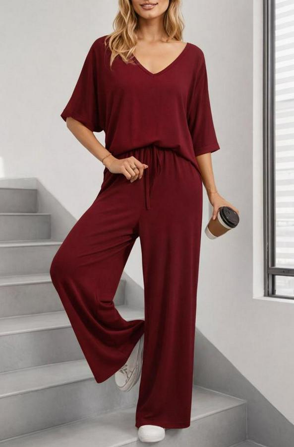 Kısa Kollu V Yakalı Viskon Bluz Ve Pantolon Ikili Takım