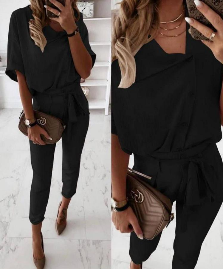 Kısa Kollu Yakalı Önden Düğmeli Bürümcük Bluz Ve Pantolon Ikili Takım