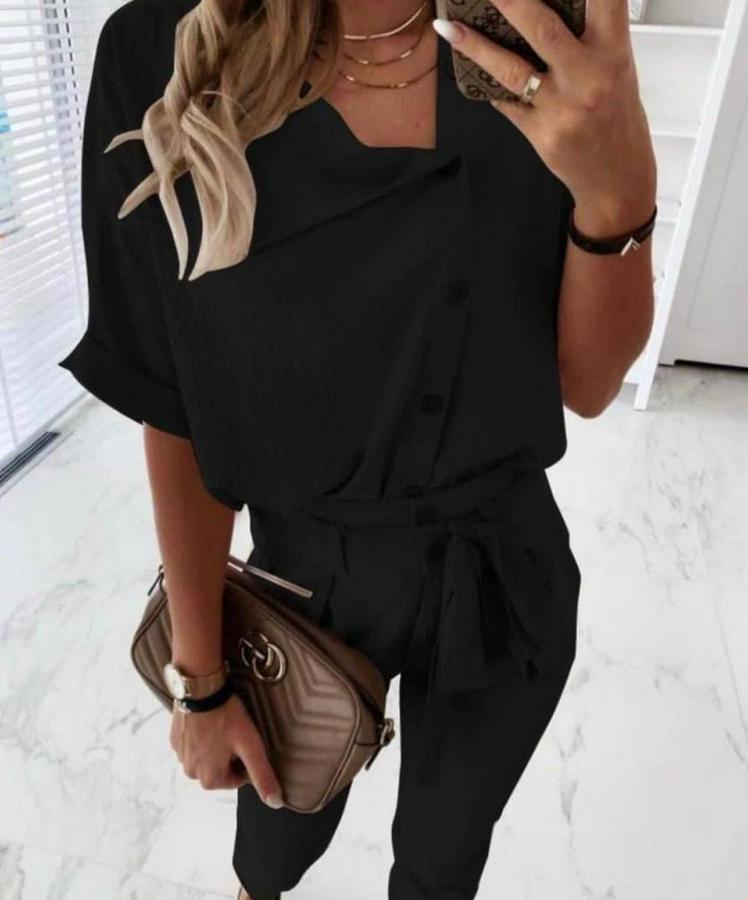 Kısa Kollu Yakalı Önden Düğmeli Bürümcük Bluz Ve Pantolon Ikili Takım