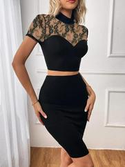 Kısa Kollu Yarı Balıkçı Yaka Dantelli Straplez Ithal Krep Crop Bluz Ve Etek Ikili Takım