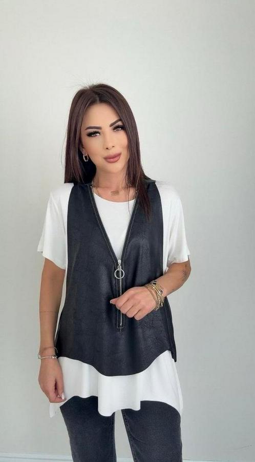 Kısa Kollu Yuvarlak Yaka Viskon Bluz + Kolsuz Fermuarlı Çatlak Deri Yelek