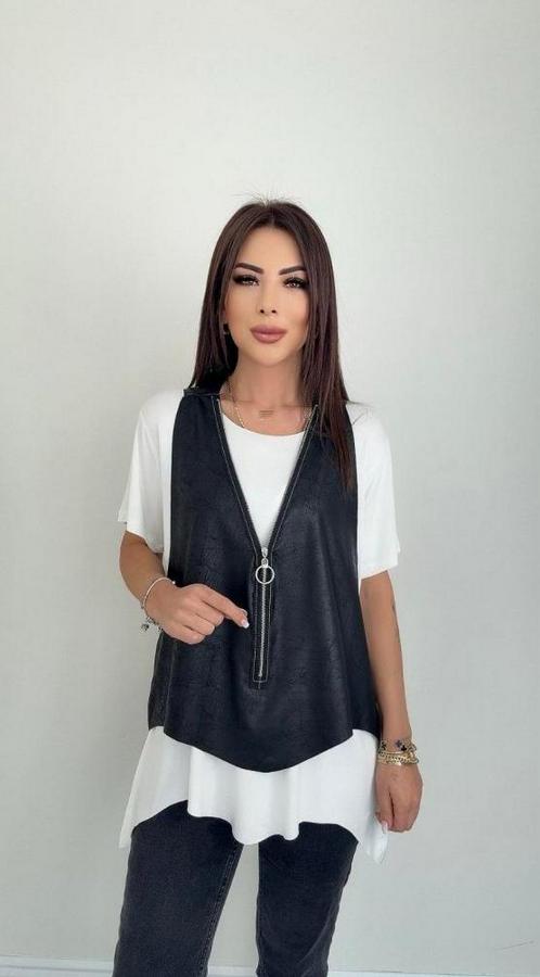 Kısa Kollu Yuvarlak Yaka Viskon Bluz + Kolsuz Fermuarlı Çatlak Deri Yelek