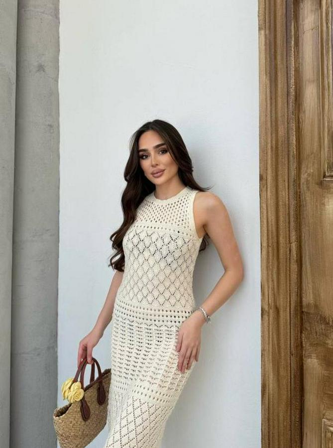 Kolsuz Kuş Gözü Teday Full Transparan Maxi Boy Elbise