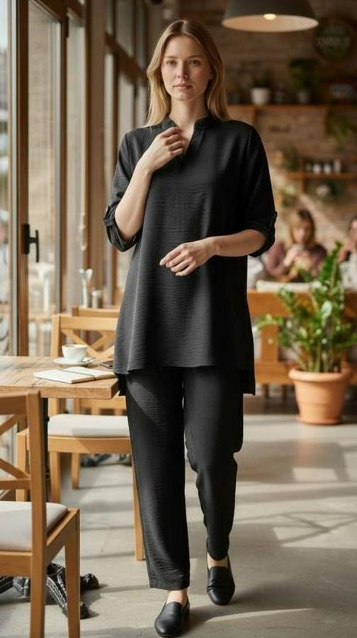 Kolu Katlanır Düğme Detay Hakim Yaka Bluzve Pantolon Sofia Keten Kumaş Ikili Takim