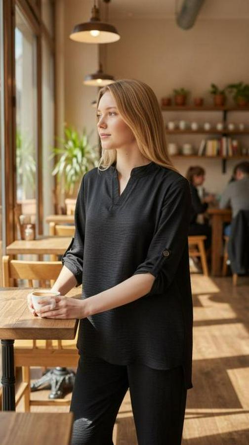 Kolu Katlanır Düğme Detay Hakim Yaka Bluzve Pantolon Sofia Keten Kumaş Ikili Takim