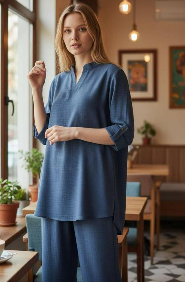 Kolu Katlanır Düğme Detay Hakim Yaka Bluzve Pantolon Sofia Keten Kumaş Ikili Takim