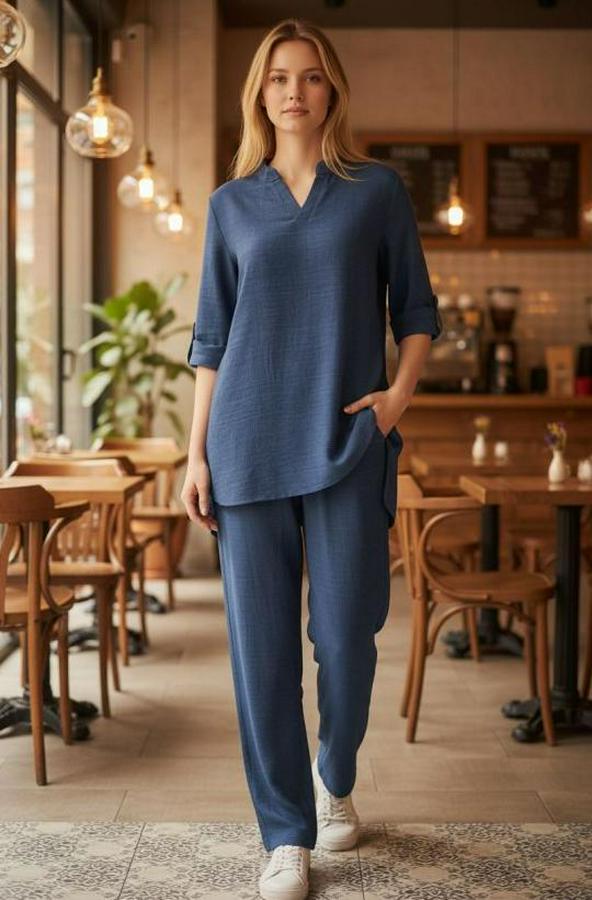 Kolu Katlanır Düğme Detay Hakim Yaka Bluzve Pantolon Sofia Keten Kumaş Ikili Takim