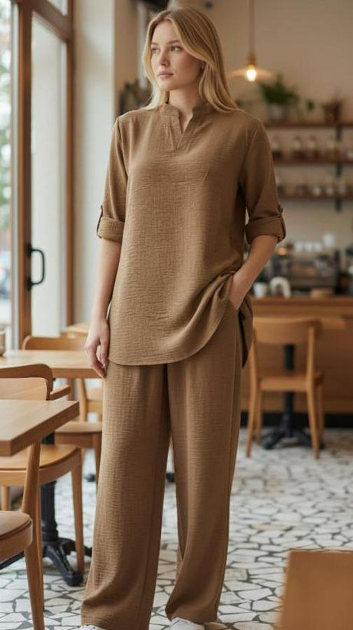 Kolu Katlanır Düğme Detay Hakim Yaka Bluzve Pantolon Sofia Keten Kumaş Ikili Takim