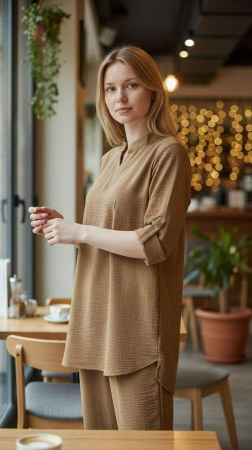 Kolu Katlanır Düğme Detay Hakim Yaka Bluzve Pantolon Sofia Keten Kumaş Ikili Takim