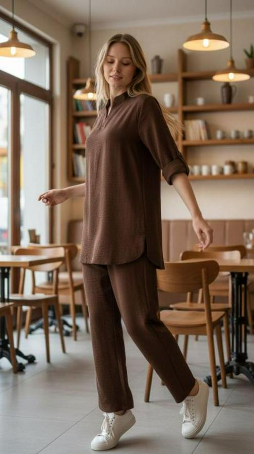 Kolu Katlanır Düğme Detay Hakim Yaka Bluzve Pantolon Sofia Keten Kumaş Ikili Takim