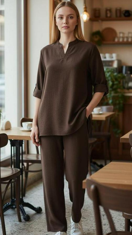 Kolu Katlanır Düğme Detay Hakim Yaka Bluzve Pantolon Sofia Keten Kumaş Ikili Takim
