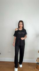 Kristal Kumaş Omuz Dekolteli Siyah Takım