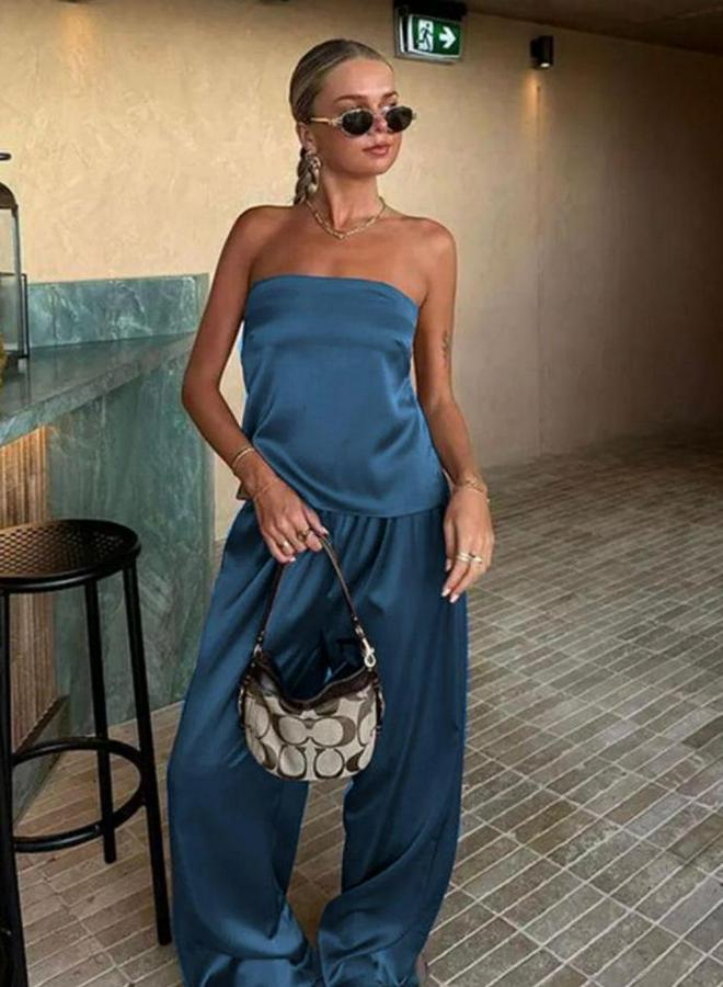 Likralı Saten Kumaş Straplez Bağlamalı Ikili Takım