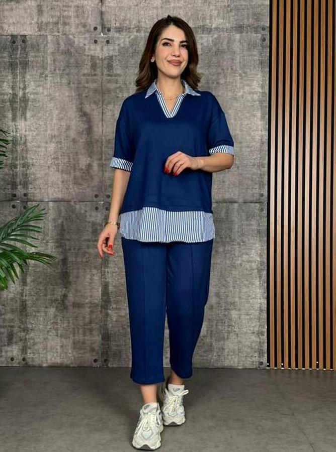 Modal Kumaş Çizgili Gömlek Yaka Ikili Takım