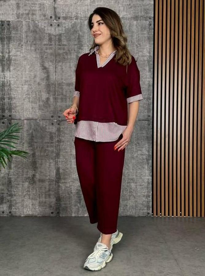 Modal Kumaş Çizgili Gömlek Yaka Ikili Takım