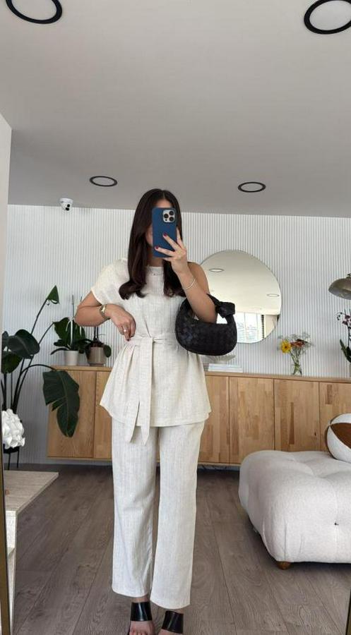 Omuz Detay Kuşak Dahil Bluz Ve Pantolon Keten Kumaş Ikili Takım