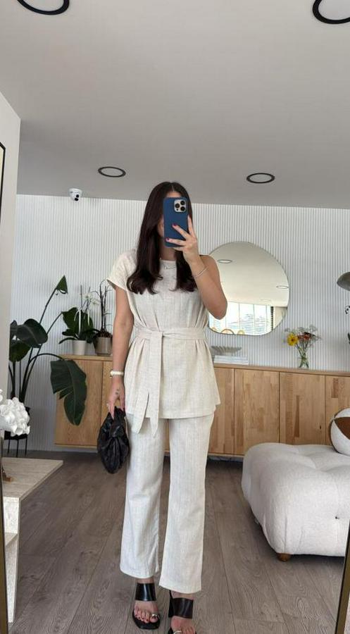 Omuz Detay Kuşak Dahil Bluz Ve Pantolon Keten Kumaş Ikili Takım