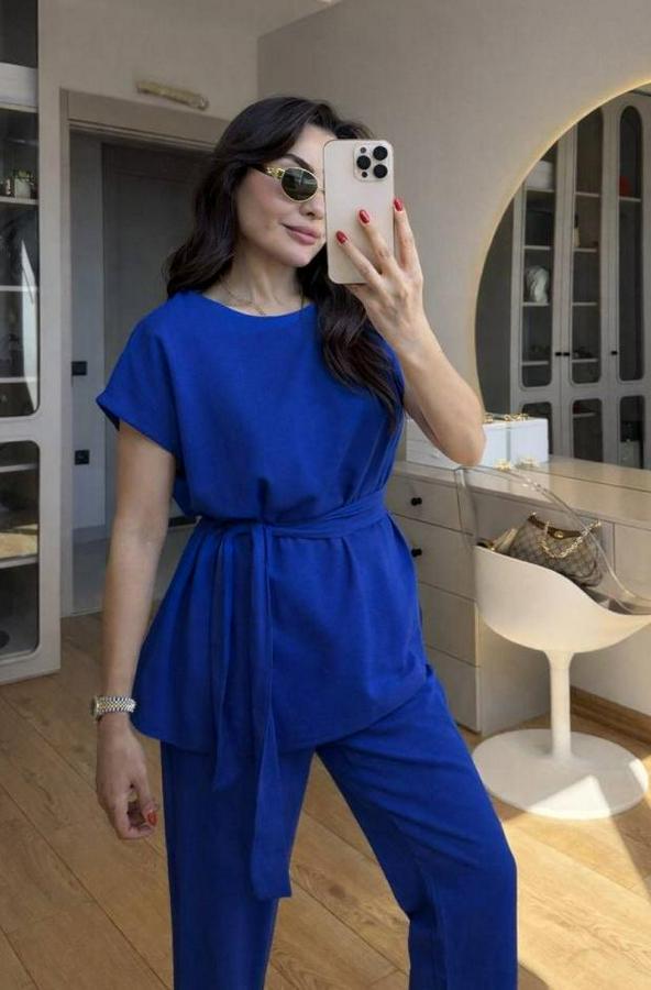 Omuz Detay Kuşak Dahil Bluz Ve Pantolon Keten Kumaş Ikili Takım