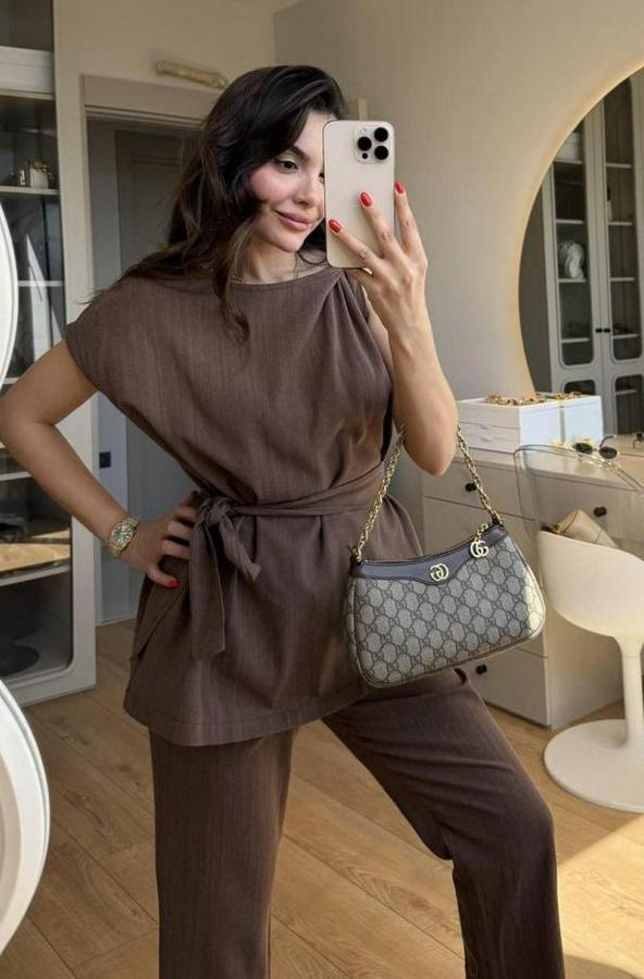 Omuz Detay Kuşak Dahil Bluz Ve Pantolon Keten Kumaş Ikili Takım