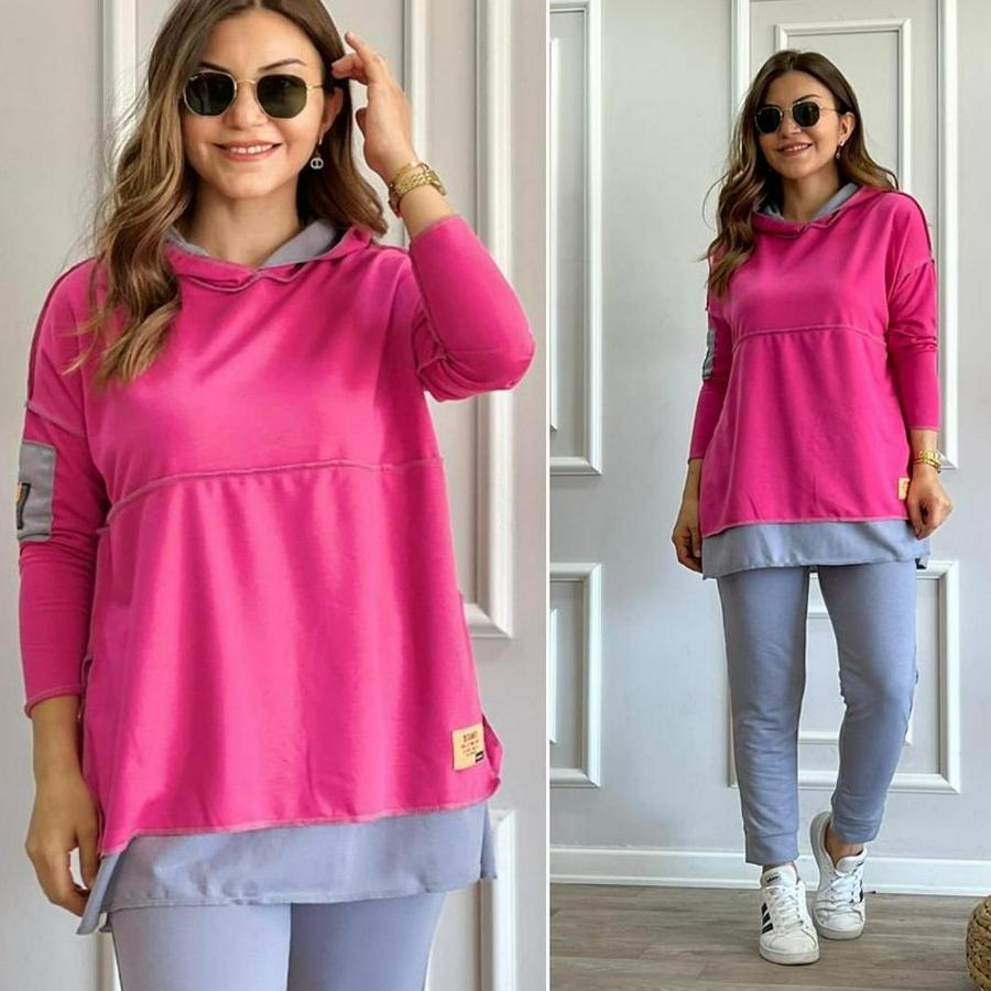 Pembe Kapşonlu Etek Ucu Detay Arma Ters Dikiş Gorunumlu Ikili Takım