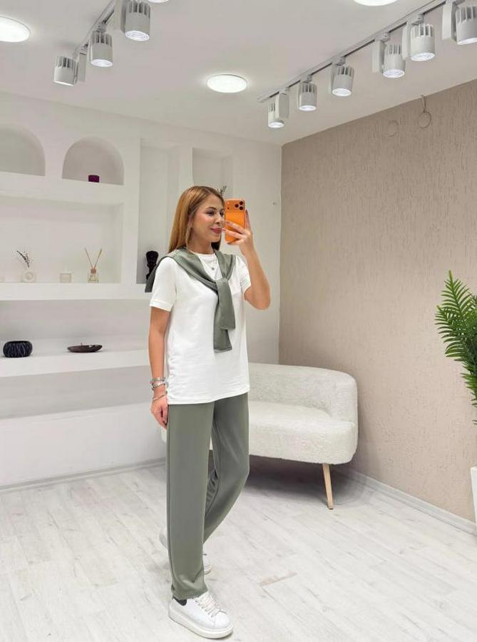 Şal Dahil Bisiklet Yaka Bluz Ve Pantolon Üçlü Takım