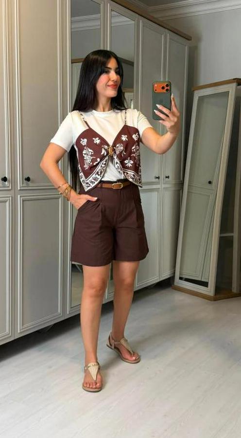 Şal Desen Detay Bluz Ve Keten Şort Ikili Takım