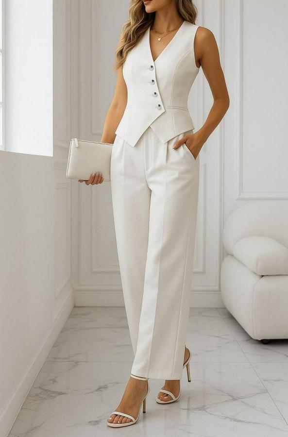 Sıfır Kollu Çapraz V Yakalı Önden Düğmeli Atlas Yelek Ve Pantolon Ikili Takım