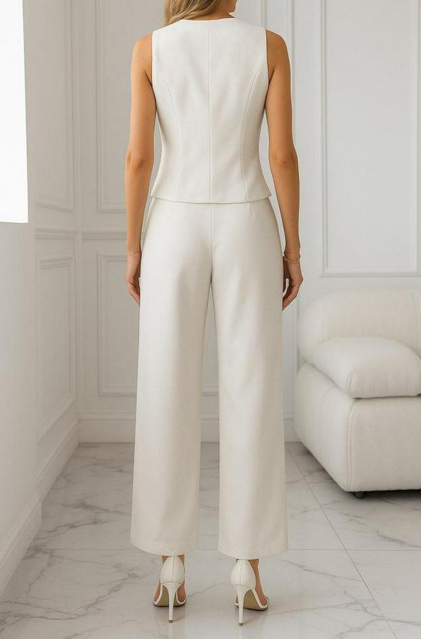 Sıfır Kollu Çapraz V Yakalı Önden Düğmeli Atlas Yelek Ve Pantolon Ikili Takım