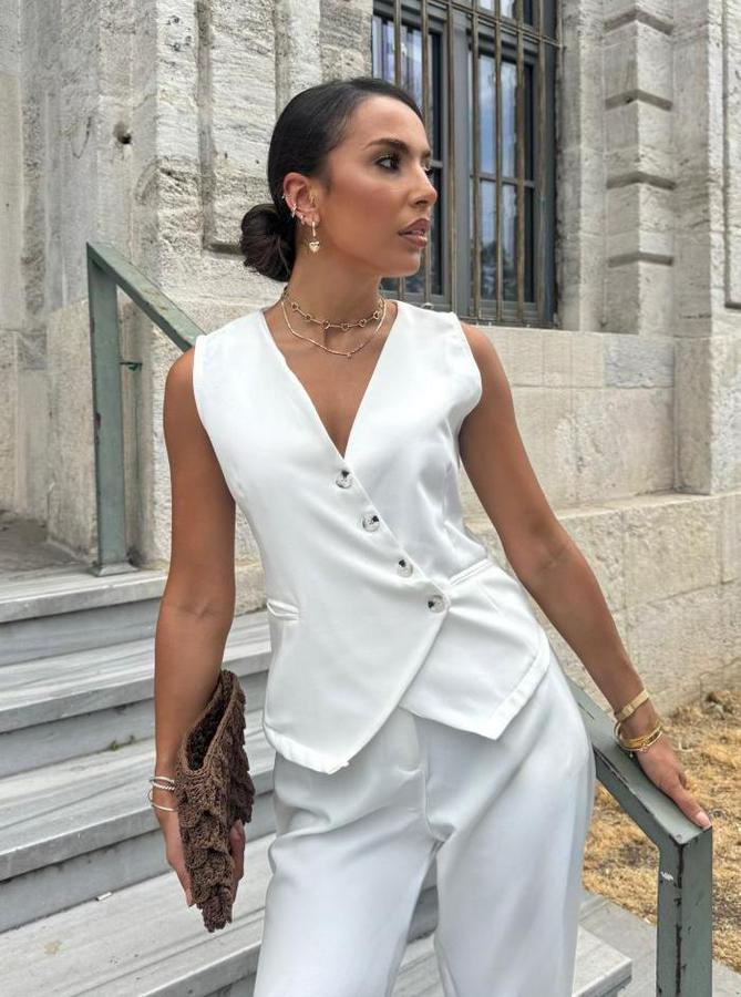 Sıfır Kollu Çapraz V Yakalı Önden Düğmeli Atlas Yelek Ve Pantolon Ikili Takım