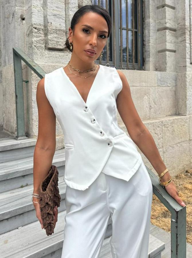 Sıfır Kollu Çapraz V Yakalı Önden Düğmeli Atlas Yelek Ve Pantolon Ikili Takım