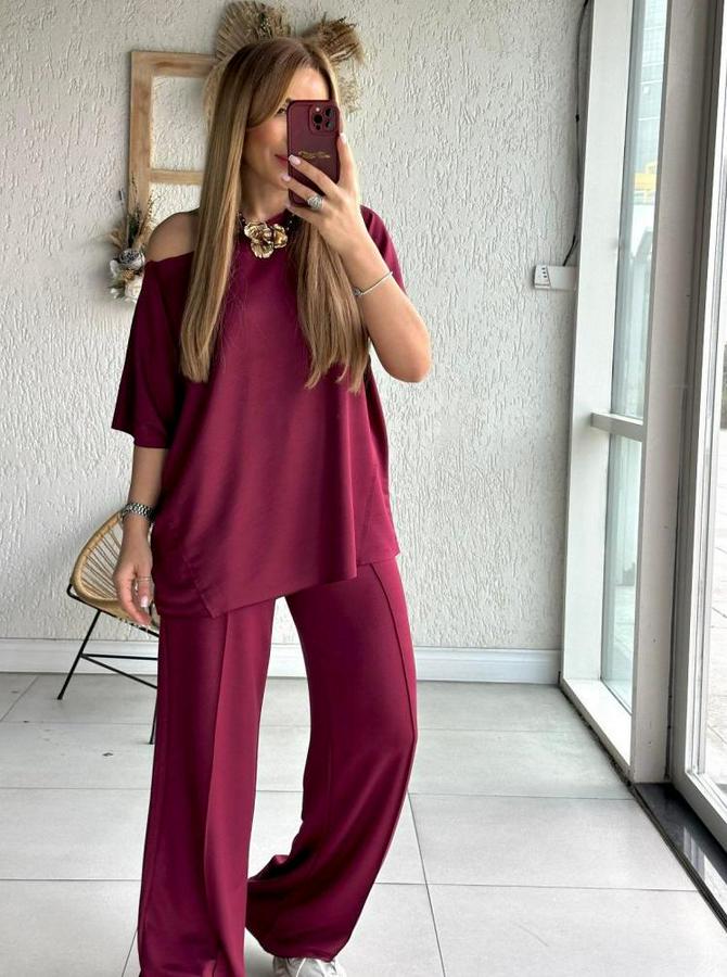 Tek Omuzdan Açık Geniş Kesim Viskon Iki Iplik Bluz Ve Pantolon Ikili Takım