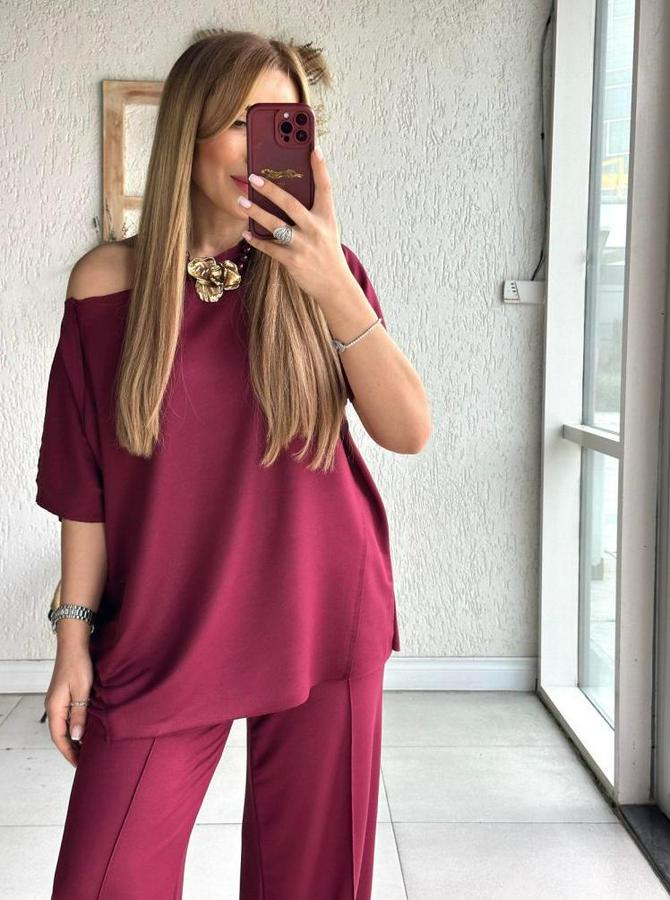 Tek Omuzdan Açık Geniş Kesim Viskon Iki Iplik Bluz Ve Pantolon Ikili Takım