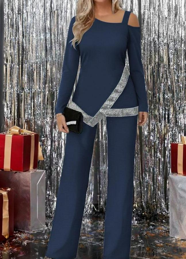 Tek Omuzdan Açık Uzun Kollu Önü Pulpayet Ithal Krep Bluz Ve Pantolon