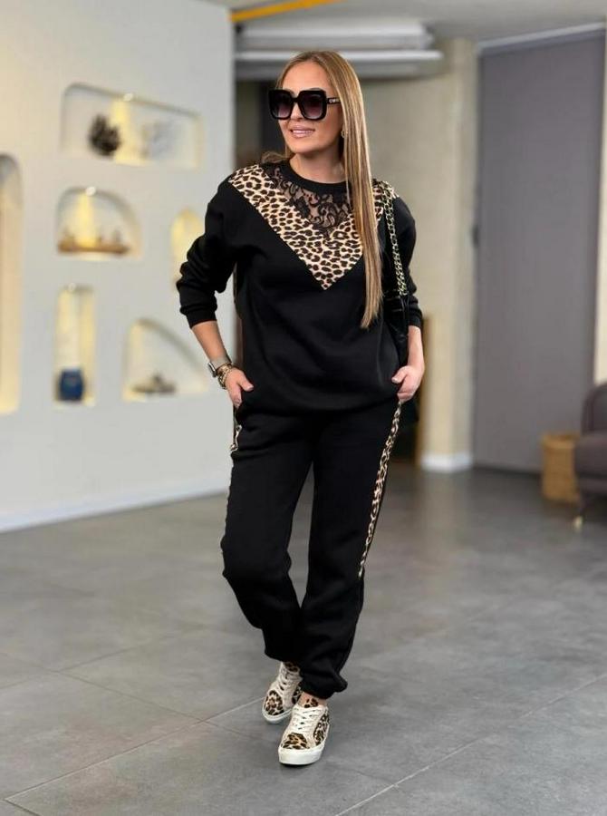 Üç Iplik Kumaş Leopar Desenli Dantel Detaylı Ikili Takım