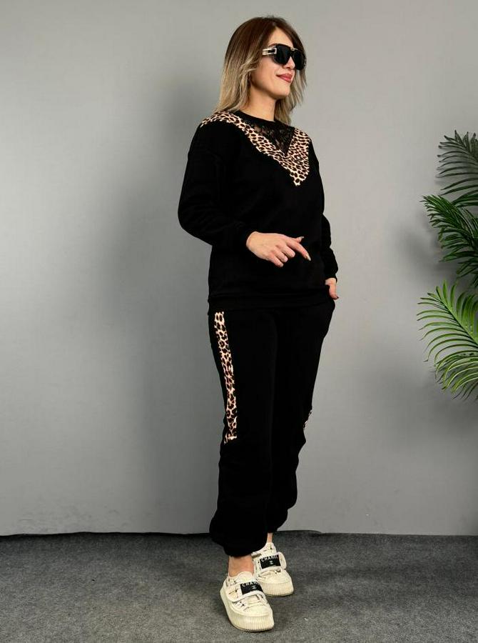 Üç Iplik Kumaş Leopar Desenli Dantel Detaylı Ikili Takım