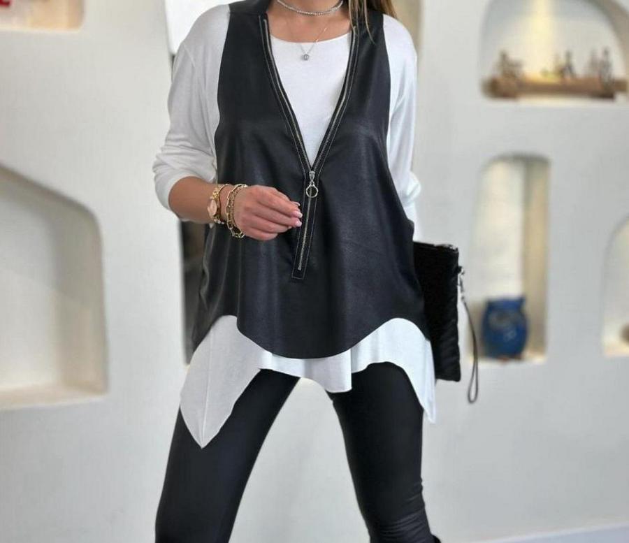 Uzun Kol Asimetrik Kesim Viskon Bluz Ve Çatlak Deri Görünümlü Fermuar Detaylı Yelek Ikili Takım