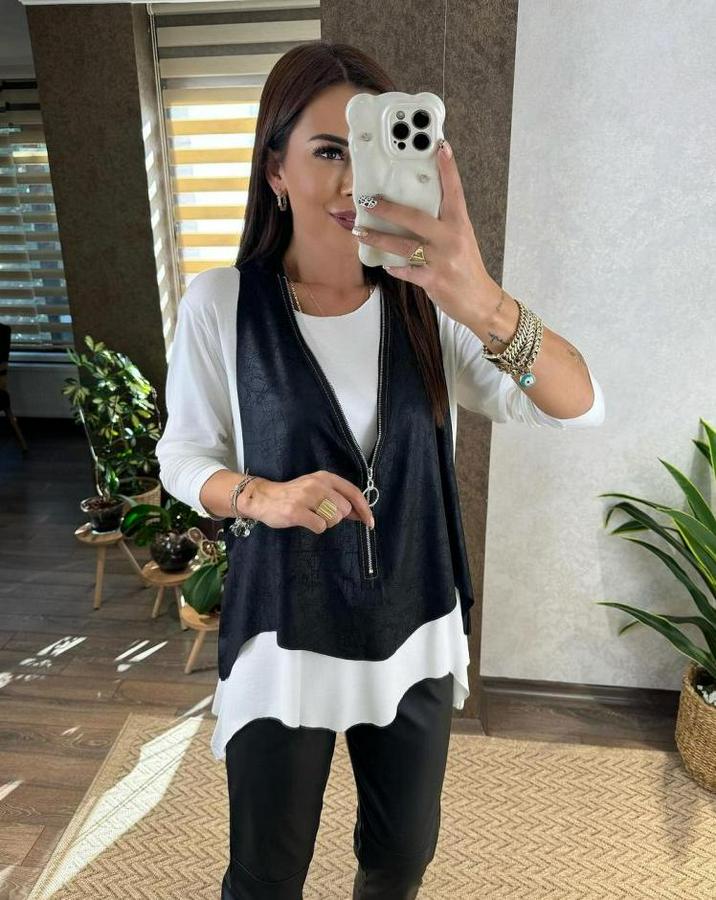Uzun Kol Asimetrik Kesim Viskon Bluz Ve Çatlak Deri Görünümlü Fermuar Detaylı Yelek Ikili Takım