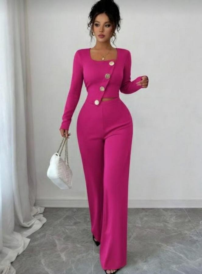 Uzun Kol Kare Yaka Asimetrik Düğme Detay Bluz Ve Yüksek Bel Pantolon Ikili Takım